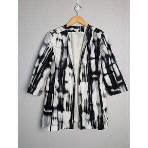 Chico's Blazer Jacket Womens 2 Black Geometric Collarless Hook Eye 3/4 Sleeve